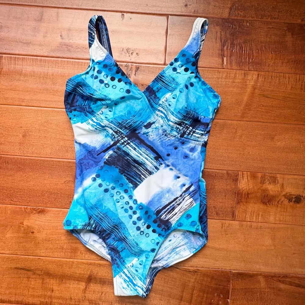 Miraclesuit One Piece Swimsuit Abstract‎ Print V-Neck, Womens 10 Blue